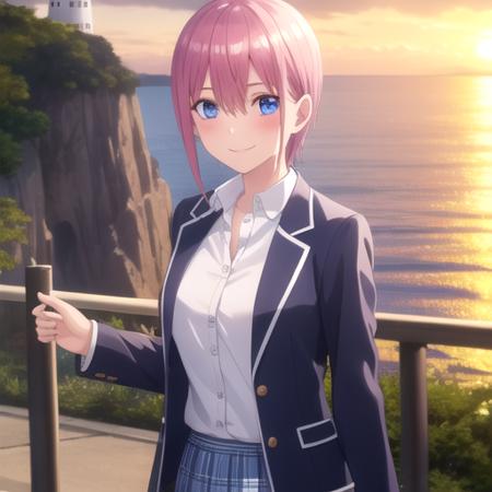 ((masterpiece)),(best quality),official art,extremely detailed CG,unity 8k wallpaper,ultra detailed,A lighthouse on a cliff by the sea,1girl,solo,cowboy shot,short_hair,pink_hair,blue_eyes,blue_jacket,dress_shirt,white_shirt,pleated_skirt,green_skirt,bangs,school_uniform,smile,collared_shirt,hair_between_eyes,breasts,long_sleeves,<lora:Nakano Ichika(tqq)>,