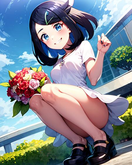 liko_\(pokemon\), hair_ornament, 1girl, blush, smile, dynamic angle, small breasts, looking_at_viewer, hat, dress, flower, smile, headwear removed, hat removed, white dress, holding, shoes, bouquet, holding hat, full body, black footwear, grin, short sleeves, <lora:liko_pokemon-v2:0.8>