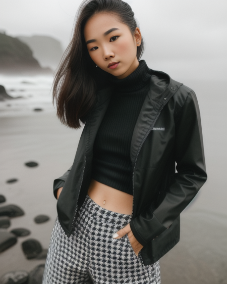 photo of young woman in black clothes,  half body, body, high detailed skin, skin pores, coastline, overcast weather, wind, waves, 8k uhd, dslr, soft lighting, high quality, film grain, Fujifilm XT3