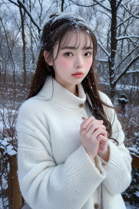 (8k, best quality, masterpiece, ultra highres:1.2) Photo of Pretty Japanese woman in the (style of paul rubens and rebecca guay:1.1) (melancholy winter snow:1.4)