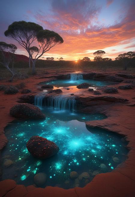 (by Ellen Jewett:1.5), (Bioluminescent Impressionism, autralia aboriginal landscape, The Dreamland, Gibson desert, red earth, rock, ants, sky sunset, sunrise ,waterfall, ethereal landscapes, depth of field, biotech emotion:1.3) <lora:xl_more_art-full_v1:0.5> <lora:add-detail-xl:1> <lora:RMSDXL_Creative:2>