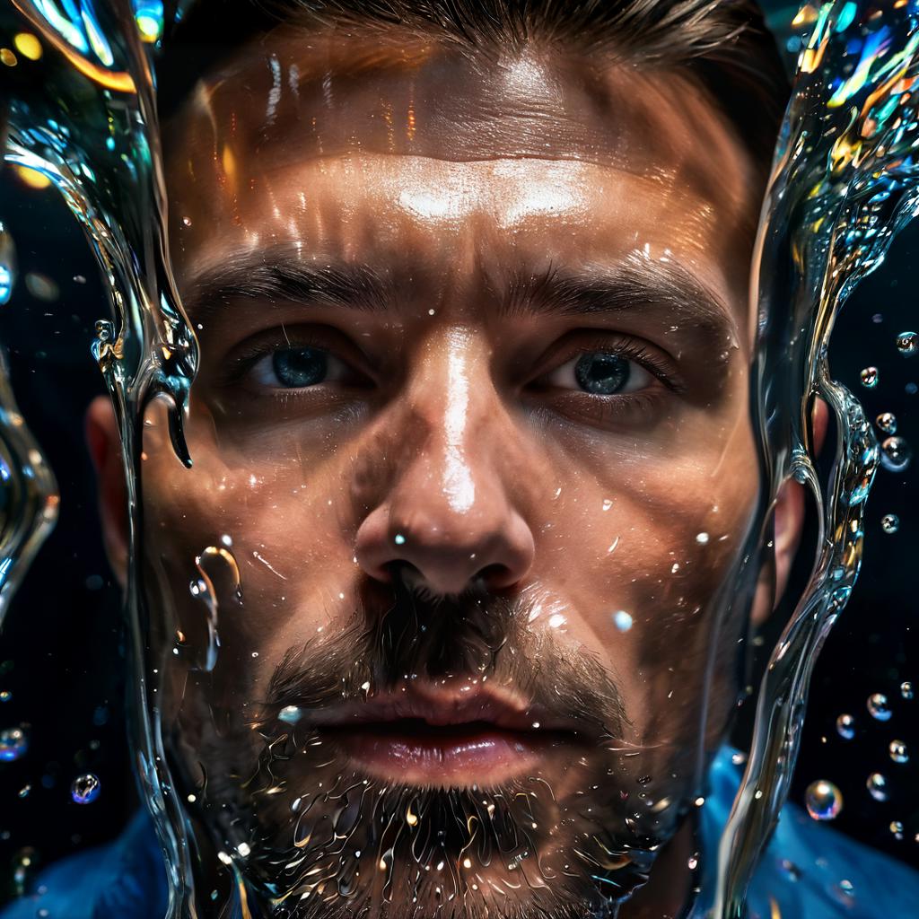 long shot scenic professional photograph of A hyperrealistic portrait of a man whose body is composed of constantly shifting liquid glass, his skin flowing and reforming into intricate, glowing patterns as it moves. His face is partially visible through the glass, but large sections are melting and reforming in real-time. His eyes are glowing orbs of liquid light, and his hair is made of flowing, molten glass that drips and reforms as it moves. Behind him, the background is a surreal, glowing landscape of flowing glass rivers and crystalline mountains, all reflecting and refracting the light in a dazzling array of colors., perfect viewpoint, highly detailed, wide-angle lens, hyper realistic, with dramatic sky, polarizing filter, natural lighting, vivid colors, everything in sharp focus, HDR, UHD, 64K