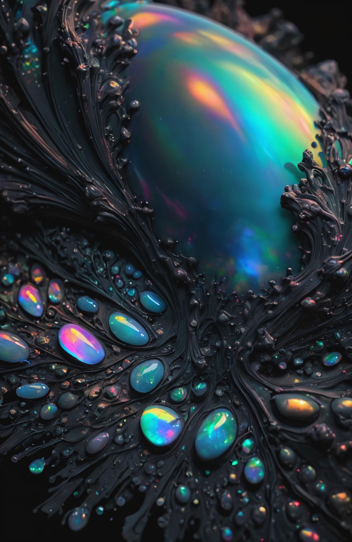 Colorful Swirling Rainbow Droplets of Water on a Black Background
