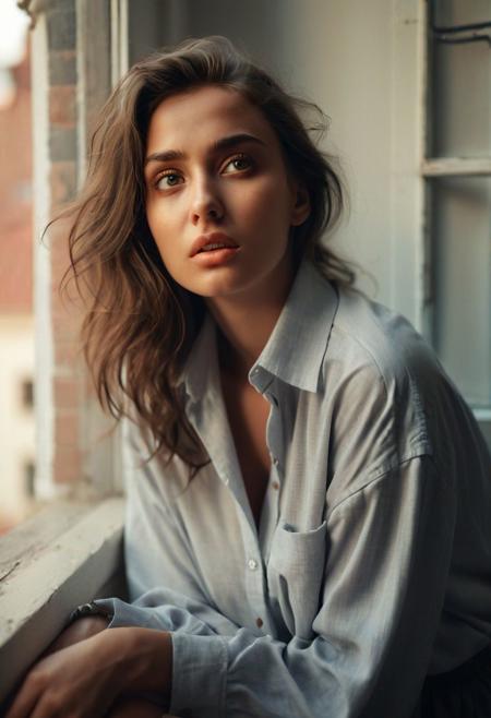 Cinematic shot of a beautiful woman sitting on a window ledge, (dreamy expression:0.1). Wearing only a oversized man shirt.
NurLens, photography, Warm Lighting Style. Detailed eyes, perfecteyes, (grey eyes:0.5).
