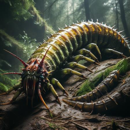 highly detailed documentary photo of giant centipede:1.3,

solo, eyes, open mouth, green body, spikes, realistic,

masterpiece, best quality:1.1, 

ultra photoreal, photorealistic:1.0, sharp focus:1.1, 
depth of field:1.1, 

50mm, style of Nathan Wirth, Hasselblad X1D II, Porta 160,
