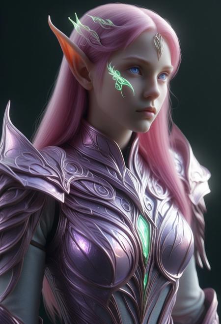 DonM3lv3sXL, hologram, holographic, CivChan, 1girl, elf, purple eyes, pink hair, elf armor