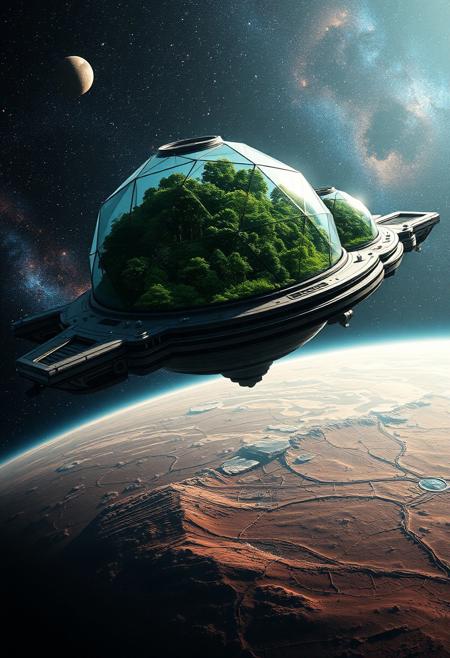 Digital artwork featuring a dynamic and futuristic scene. Several huge glass geodesic domes are mounted on top of a gigantic spaceship  as it orbits a barren planet, within the domes, huge, lush forests can be seen growing. Set against a spectacular backdrop of stars and galaxies