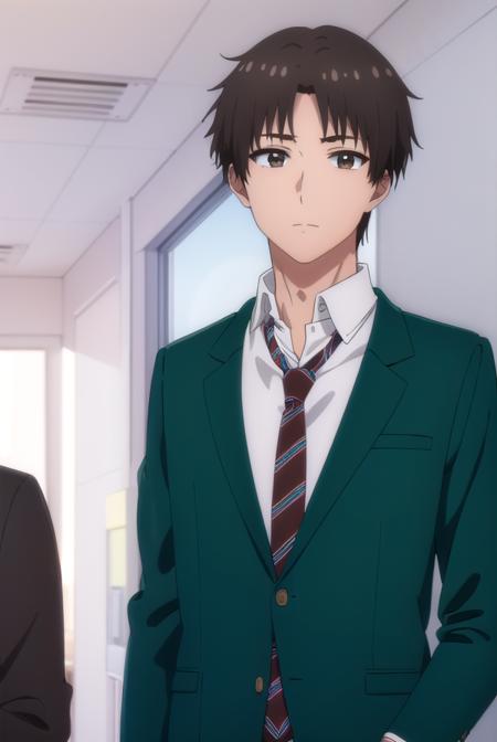 junichiroukubota, <lora:junichirou kubota s1-lora-nochekaiser:1>,
junichirou kubota, short hair, bangs, brown hair, (brown eyes:1.5), male focus,
BREAK shirt, long sleeves, school uniform, jacket, white shirt, open clothes, necktie, collared shirt, pants, open jacket, black pants, blazer, red necktie, (green jacket:1.5), brown pants,
BREAK indoors, classroom,
BREAK looking at viewer, (cowboy shot:1.5),
BREAK <lyco:GoodHands-beta2:1>, (masterpiece:1.2), best quality, high resolution, unity 8k wallpaper, (illustration:0.8), (beautiful detailed eyes:1.6), extremely detailed face, perfect lighting, extremely detailed CG, (perfect hands, perfect anatomy),