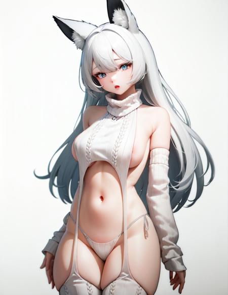 1girl, solo, (white background:1.2), simple background, vds, detached sleeves, white sweater, white thighhighs, white panties, standing, white hair, long hair, fox ears,