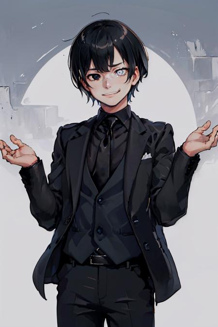 (masterpiece, best quality:1.2), solo, male focus, 1boy, justtnp, smirk, looking at viewer, shrugging, heterochromia, formal, black jacket, black necktie, black pants <lora:oc_justtnp-11:0.9> <lyco:concept_shrugging-11:1.0>