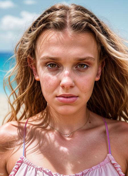 portrait of skswoman, pained , wearing beachwear , with Half-up, half-down hairstyle , background dungeon epic (photo, studio lighting, hard light, sony a7, 50 mm, matte skin, pores, colors, hyperdetailed, hyperrealistic), <lyco:Millie Bobby Brown:1.1>