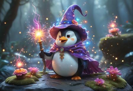 A penguin knight in a oversized pointed hat stands triumphantly on a mossy rock, holding magic sword. The sword erupts with chaotic sparkles, swirling magic particles, and miniature fireworks. The magic energy is so powerful it makes his frilly cape flutter dramatically, even though he’s only 10 cm tall. Surroundings: Background: A dense, whimsical jungle with giant glowing mushrooms and flowers that lean in to "watch" the spell. Details: His spellbook lies open nearby, showing scribbled spells like "Turn flies into cupcakes" and "Invisibility (but only for left eye)". Style: Pixar-meets-fantasy-art — hyper-detailed textures, vibrant colors, and playful lighting. The scene balances comedy and magic, like a Disney sidekick’s solo adventure.
