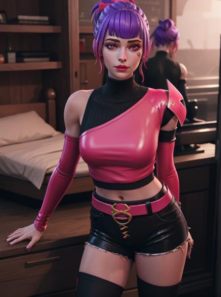 <lora:VRAMsTracy640:0.5>, xyztracy, 1girl, portrait, beautiful, masterpiece, multicolored hair, pink hair, purple hair, blunt bangs, 3d render, asymmetric clothes, black sweater, pink latex, detached sleeves, beautiful eyes, makeup, eyelashes, black shorts, torn shorts, pink belt