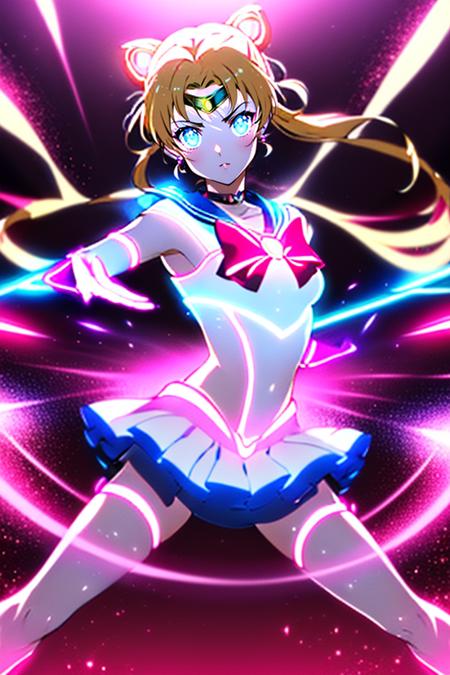 masterpiece,best quality,highly detailed,1girl,(((dynamic pose))),
<lora:transformationEffect:0.7>,transEffect,glowing arms,glowing arms,glowing legs,glowing dress,glowing body,
<lora:sailor_moon_v1:0.55>,aausagi,double bun,twintails,parted bangs,circlet,jewelry,earrings,choker,red bow,white gloves,elbow gloves,blue skirt,