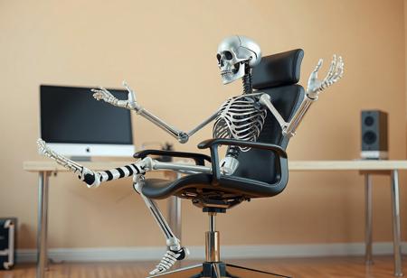 "A whimsical matte painting of a metal skeleton comfortably seated in a black office chair, arms and legs spread in a relaxed pose. The skeleton wears white gloves and black-and-white striped socks, adding playful charm. Positioned in front of a desk with a computer monitor and keyboard, the scene evokes a workspace setting. The background is a simple beige wall, providing a neutral yet harmonious backdrop. The skeleton is in sharp focus, with lifelike details and handcrafted precision, while the desk and equipment are softly blurred in the background. Rendered in a contemporary aesthetic with sharp lines, stunning colors, and a balanced composition. Inspired by Beksinski's surrealism, Grammer Effect, and Octane Render, with vivid emotions and a joyful impact. Trending on ArtStation, 4K, ultra-detailed, and impeccably composed."