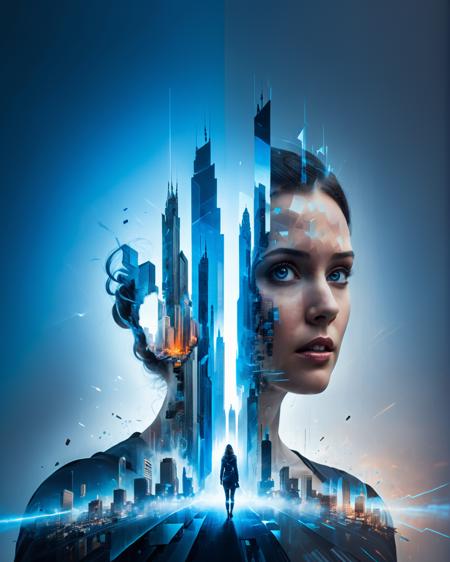 cinematic , grey mysterious holographic utopian cityscape double exposure on fearful woman silhouette,(glowing blue energy nimbus:1.4) ,futuristic metallic fabric, dissolving into pixels, fading into dust, maximalism, (cinema movie poster:1.2),(unease:1.1),  artificial intelligence <lora:xl_more_art-full_v1:0.5> <lora:add-detail-xl:0.9>  <lora:Double_Exposure:0.9>