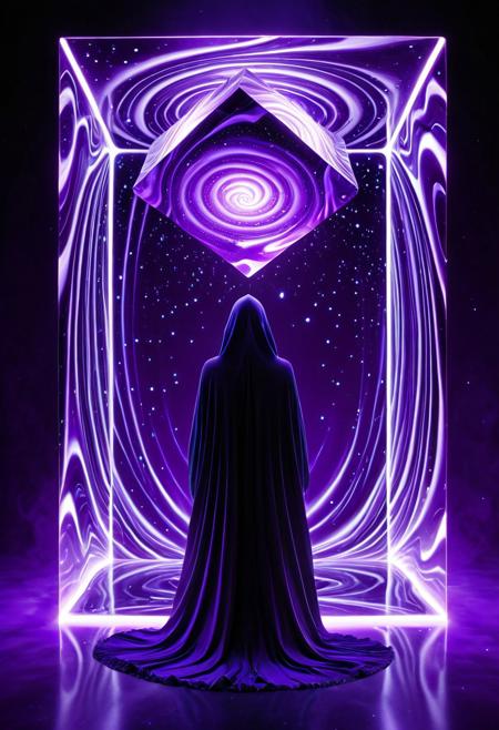 A mysterious figure cloaked in a flowing garment with an abstract black and white swirl pattern, standing partially obscured in deep shadows. Suspended above the figure’s head is a cube-shaped structure resembling a reflective, viscous amethyst liquid, its glossy surface distorting the swirl pattern in mesmerizing, warped reflections. The cube appears to melt into the surrounding void while maintaining solid form. Bioluminescent glows pulse within the liquid, casting radiant violet and indigo highlights across the figure and environment. The background is a dark purple gradient bathed in faint volumetric light, with glowing atmospheric particles, cinematic lighting, surreal ambiance, ultra-detailed textures, glowing edges, dreamlike and luminous scene.