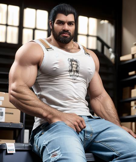 full_beard_dom_santiago, warehouse (white t-shirt, jeans), sitting on box, looking at viewer, indoor (muscular:1.1, big muscle:1.1) <lora:Bearded_Dom_Santiago:0.85>