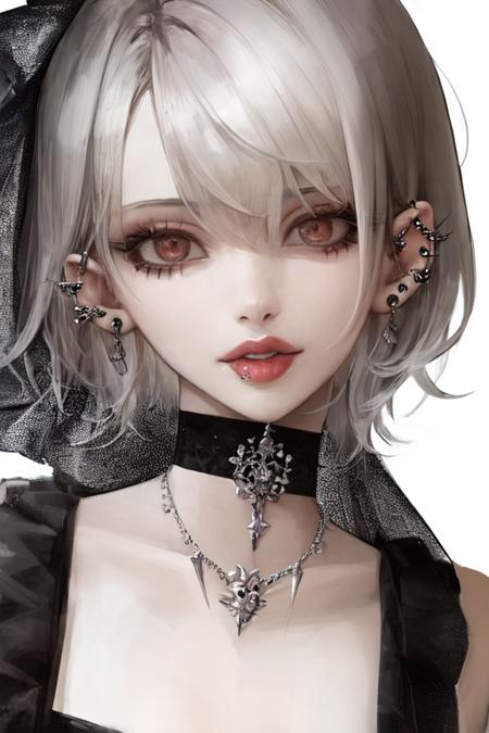 1girl, short hair, looking at viewer, choker, necklace, piercing, white background, simple background, grey hair, ear piercing, black choker, eyelashes, lips