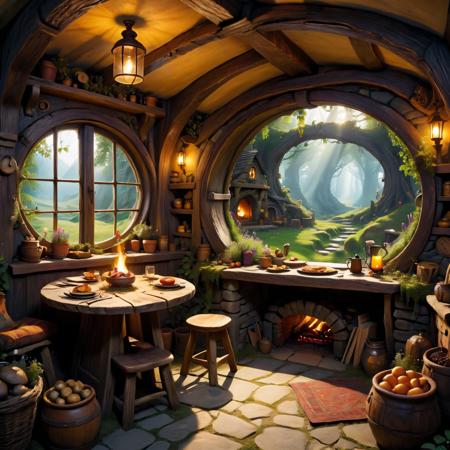 <Dreamyvibes artstyle SDXL - Trigger with dreamyvibes artstyle:1>,Round oak door, groaning open, warm swirl light and scent, hobbit hole, burrowed into hill, contented badger, low beamed ceilings, carved smooth polished wood, drying herbs, fragrant onions, fire crackle cobblestone hearth, dancing shadows rounded walls, smoke tickle edges plump armchairs, upholstered rich velvets, cushions sunken weight countless cozy evenings, sunlight stream circular window, illuminate table groaning weight feast fit for dragon's hoard, honey cakes piled high, glistening sticky glaze, nestle platters roasted mushrooms, plump sausages sizzling own fat, freshly baked bread, still warm oven, await slicing brimming jug blackberry wine, deep purple hues catching firelight, air vibrate gentle hum conversation, punctuated rhythmic clinking spoons pottery mugs, hobbits, furry feet tucked beneath table, exchange tales mischievous encounters trolls, whisper stories forgotten treasures hidden deep within Shire, laughter bubble up like froth mugs, chase away any hint chill air linger near stone walls, corner, tucked away nook like squirrel's den, old hobbit twinkling eyes strum lute, gentle melody weave through conversation, create tapestry sound and laughter, scent pipeweed smoke, fragrant sweet, mingle aroma honey and roasted potatoes, fill hobbit hole unmistakable comfort home, haven, carved into earth, time seem slow, worries melt away like butter on hot scone, world outside, worries and troubles, wait, inside hobbit hole, only warmth, laughter, simple joy shared stories meal enjoyed good company, sanctuary, refuge, place where hearts grow full, worries dwindle to wisps smoke in chimney, <add-detail-xl:1>