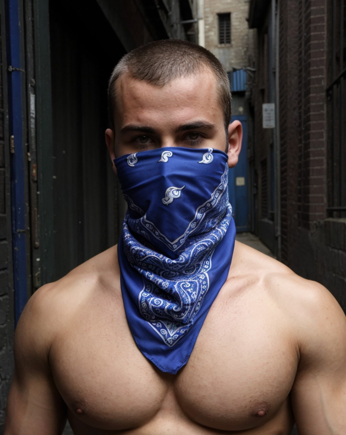 <lora:Bandana_Mask:0.7>, masterpiece, best quality, closeup, boy, blue bandana mask, shaved head, shirtless, in a dark all...