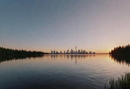 dawn over a quiet lake. In the distance, you can see the silhouette of the city skyline, and in the foreground floats a lone boat. This is a story about a new beginning and the opportunities that come with each new day Ivan Shishkin, 4k resolution, hyper detailed