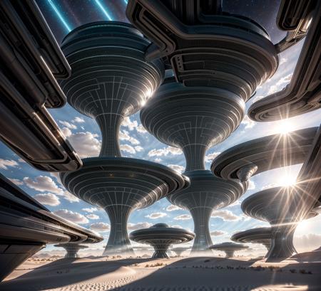 "A colossal futuristic research facility rising from a crystalline desert under a twilight sky, designed with intricate sci-fi architecture featuring illuminated corridors, layered metallic towers, holographic energy fields, massive observation windows, and bioengineered gardens integrated into the structure. The scene is alive with faint mist, scattered light reflections, and dynamic shadows. Emphasize hyper-realistic textures: brushed steel, frosted glass, organic flora merging with machine elements, all lit by surreal ambient lighting. Cinematic perspective, ultra-detailed environment, extreme realism, majestic atmosphere, immersive depth."
