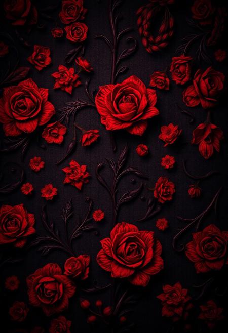 red floral ghostly Halloween spooky wallpaper, intricate patterns, dark gothic elements, high detail, eerie atmosphere, vivid colors, cinematic lighting, digital art, texture-rich, hauntingly beautiful design