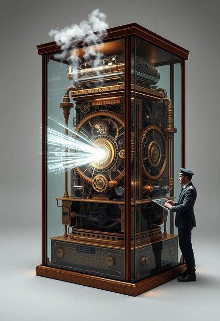 Inside of its glass case a fantastical steampunk quantum computer bends time and space. Beams of energy swirl and dance around the intricate clockwork gears and cog wheels. Steam issues from a bank of pipes along the top of the cabinet. Outside of the case a steampunk engineer, resplendent in his uniform, stands at a keyboard to one side. This striking steampunk image, envisioned as a high resolution digital image, showcases the machine's ornate design and cutting-edge functionality. Every detail is meticulously rendered, creating a visually stunning masterpiece that captivates the viewer with its intricate beauty and technological brilliance.