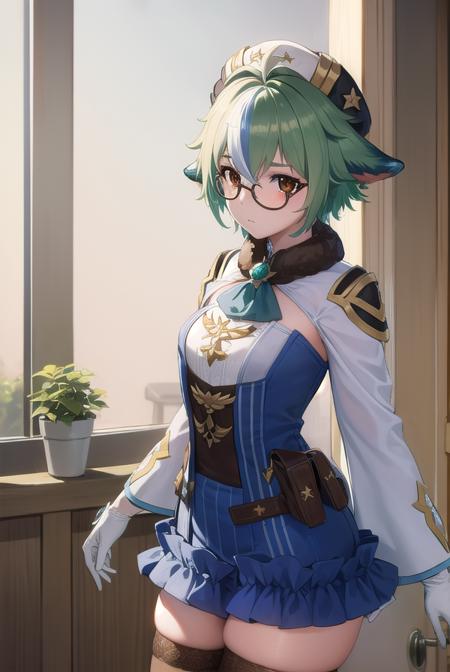 sucrose, <lora:sucrose-lora-nochekaiser:1>,
sucrose, ahoge, animal ears, (brown eyes:1.5), glasses, gradient hair, hair between eyes, messy hair, multicolored hair, semi-rimless eyewear, short hair, green hair,
BREAK frills, fur collar, gem, gloves, green thighhighs, long sleeves, thighhighs, white headwear, zettai ryouiki, skirt, blue skirt,
BREAK indoors, laboratory,
BREAK looking at viewer, (cowboy shot:1.5),
BREAK <lyco:GoodHands-beta2:1>, (masterpiece:1.2), best quality, high resolution, unity 8k wallpaper, (illustration:0.8), (beautiful detailed eyes:1.6), extremely detailed face, perfect lighting, extremely detailed CG, (perfect hands, perfect anatomy),