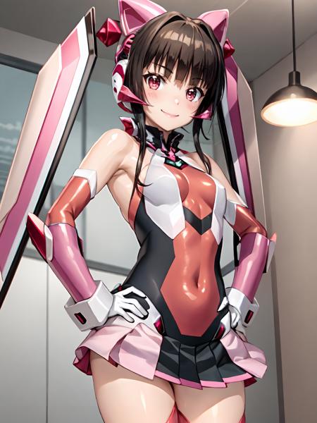 shirabesympho pink footwear,pink leotard, pink gloves, headgear, pink skirt, detached sleeves,pleated skirt,pink thighhighs,bare shoulders,(twintails:1.3),elbow gloves, bangs, pink eyes, gloves, black hair, blunt bangs, thighhigs, smile,long hair,armor,