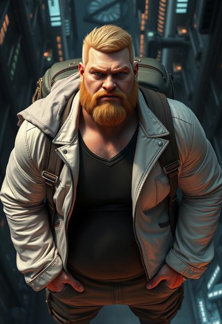 closeup character portrait from above, gay bara manga by Goh Fujimoto and Gengoroh Tagame as hyperealistic dark cgi scifi movie 3d 2.5d render with realistic professional lightning and advanced 3D shading tech, depicting a serious stern blonde hairy german musclechub wiith a big round belly and huge steroid muscle arms wearing a white leather jacket and black v-neck tshirt , small golden earring in right ear, very hairy chest, his face is round and he has crooked small nose and a doublechin, in a dark megastructure megacity, hands in jacket pockets while having an epic main protagonist pose with a fitting dramatic camera angle, wearing a huge teal colored adventurer backpack with strands of cloth hanging from it, detailed high resolution textures, dark shadown with dynamic rimlight