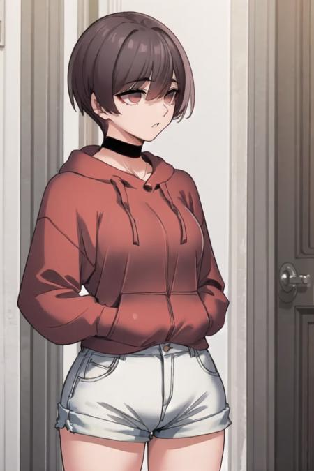 <lora:Harin:1> harindef, brown hair, brown eyes, short hair
masterpiece, best quality,
black choker, portrait, hair between eyes, short shorts, white shorts, red hoodie, upper body,