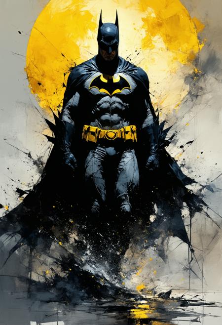 Batman emerges from a monochrome storm, his cape a tidal wave of ink swallowing a crumbling Gotham penthouse (extreme low angle, horizon tilted 30°). Sin City’s nihilist edge: the world is shredded newsprint and India ink, except the sulfur-yellow Bat-symbol—a jagged scar glowing like a dying sun. Frank Miller’s chiaroscuro hones his silhouette: block-jawed cowl, cape hooks sharp as guillotine blades. Rain isn’t water but slashes of erased white, dissolving into the void below. No face, no skin—just the emblem’s feverish hum and the creak of leather under siege. A shattered "HAHAHA" graffito bleeds rust-red in the distant alley.