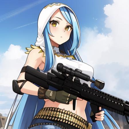 (masterpiece:1.3),(highly detailed:1.3),(highres:1.1),8k,best quality,Ultra-detail,M249_GF,1girl,crop top,sleeveless,Trenta Hood,shorts,fingerless gloves,ammunition belt,outdoors,<lora:GoodHands-vanilla:0.9>,<lora:M249_SAW-16:0.8>,