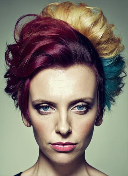 portrait of sks woman by Flora Borsi, style by Flora Borsi, bold, bright colours, rainbow Mohawk haircut, ((Flora Borsi)), <lora:locon_tonicollette_v1_from_v1_64_32:1.25>