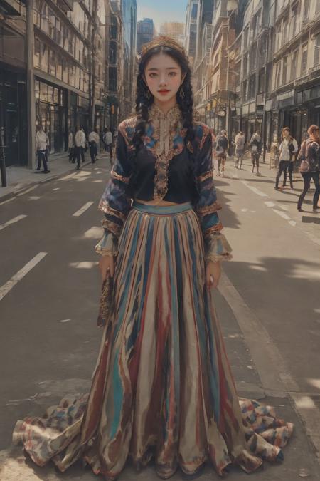 masterpiece,best quality,1girl,UGirl,Exquisite face,Excellent lighting,Real sense of photos,full body,<lora:UGirlCostumeStyle_V1:0.7>,outdoors,multicolored background,rich color skirt,Photo posture,Stand,City,A bustling street,