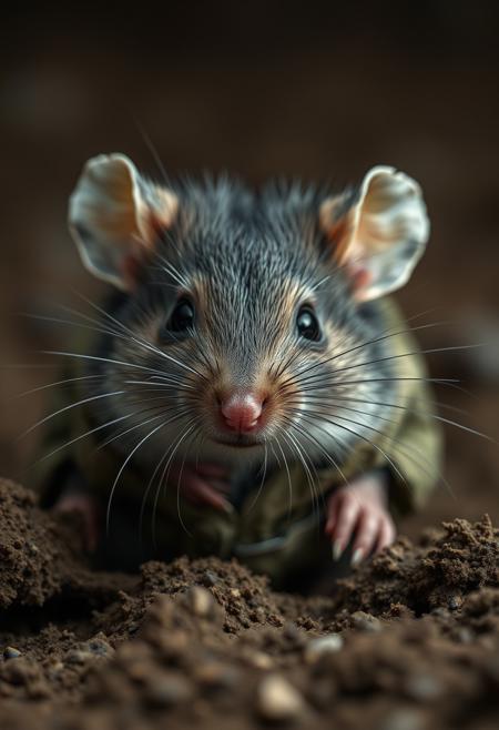 close up shot of the mouse World War II american soldier, wet dark grey fur, dirt, grunge uniform, grotesque background, extremely beautiful, grunge photography style, hyper-realistic, National Geographic award photography, 4K, high definition, high resolution