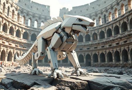 epic details A white geometric Scrap Raptor mech, constructed from intricate squares & rectangles, sleek bird-like profile, poised dynamic action stance, head subtly tilted, standing on weathered gray stone within a vast ruined Savage Colosseum arena. Dramatic creative angle, Golden Ratio composition, central focus. Isometric perspective, captivating cinematic lighting, sharp dramatic shadows. Hyperdetailed, 4K quality, lifelike textures, sharp lines, stunning vibrant multi-colors. Contemporary aesthetic, beautiful matte painting finish, splash ink illustration elements. Octane Render, Unreal Engine 5 rendering, CGSociety, trending on ArtstationHQ.