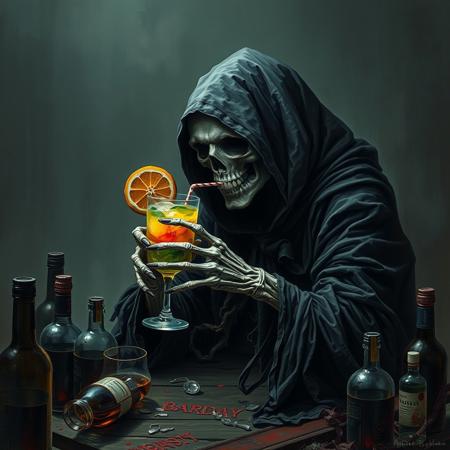 A hauntingly dark scene of the Grim Reaper, cloaked in tattered black robes, slumped over, nursing a tropical cocktail drink, the drink's vibrant colors a stark contrast to the Reaper's bleak, skeletal form, as if the beverage's temporary escape from mortality's grasp has lost its allure, surrounded by dark spirits and empty bottles, in a twisted, eerie atmosphere reminiscent of death metals ominous despair, rendered in Michal Grzeskow's style of dark, gothic fantasy, with heavy textures and muted colors, evoking a sense of sorrow and defeat