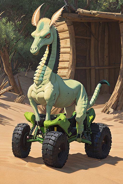 A cartoon dinosaur riding a four-wheeler in a desert scene.