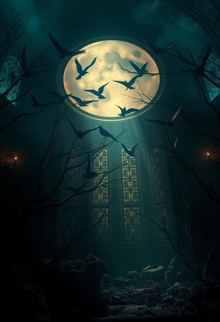 La Chambre D'Echo" - Where the death birds sing , sad environment, Dark, melancholic, Epic, hyper detailed, ultra realistic, top dramatic lights, dynamic shadows