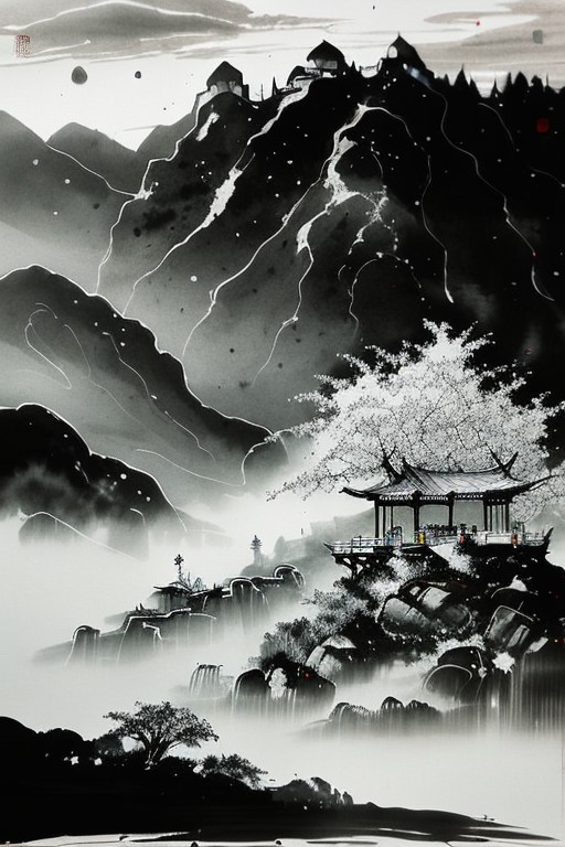 masterpiece,best quality,ink painting,Chinese martial arts style, with vast sky, continuous mountains and steep cliffs, in...