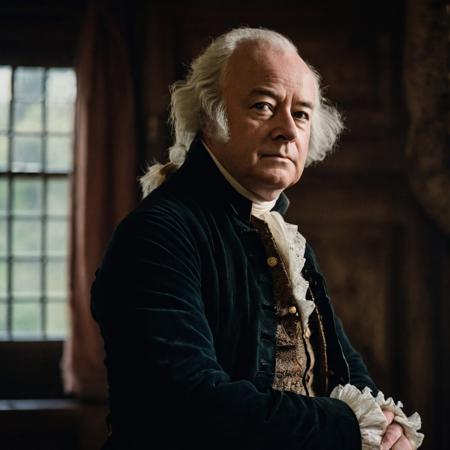front shot, portrait photo of (( John Adams)) , looks away, natural skin, skin moles, cozy interior, 17th century attire, (cinematic, film grain:1.1)