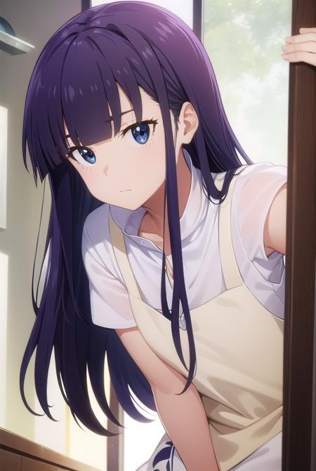 aoiyamada, <lora:aoi yamada s2-lora-nochekaiser:1>,
aoi yamada, long hair, (purple eyes:1.1), purple hair, blunt bangs,
BREAK apron, waitress,
BREAK indoors, restaurant,
BREAK looking at viewer, (cowboy shot:1.5),
BREAK <lyco:GoodHands-beta2:1>, (masterpiece:1.2), best quality, high resolution, unity 8k wallpaper, (illustration:0.8), (beautiful detailed eyes:1.6), extremely detailed face, perfect lighting, extremely detailed CG, (perfect hands, perfect anatomy),