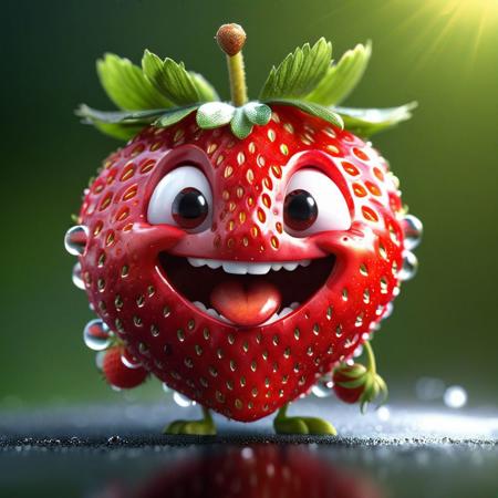 (masterpiece:1.3, concept art, best quality:1.21), very cute appealing (anthropomorphic strawberry:1.1), looking at the viewer, big grin, happy, fruit, berry, droplets, macro, sunlight, fantasy art, dynamic composition, dramatic lighting, epic realistic, award winning illustration