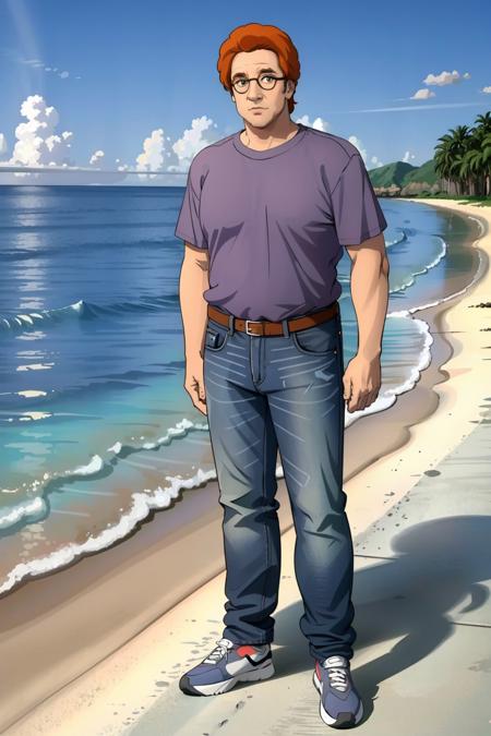 1boy,hilarykingvc,standing,glasses,purple shirt,denim,jeans, <lora:HilaryKingVC:0.8>,full body,on beach,sneakers, <lora:LORA-XenoDetailer-v2:0.1>