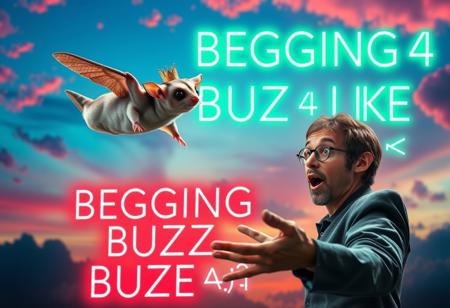 “A highly elegant sugar glider soaring happily through the air towards its owner. The scene is surreal, with a dreamy, colorful sky in the background. The sugar glider has an exaggerated, almost regal posture, with a tiny golden crown on its head. The owner, looking surprised, is reaching out with open hands. A massive, neon-style text in the background reads ‘BEGGING 4 BUZZ & LIKE ^_^’, glowing dramatically. The entire composition has a playful, chaotic energy, blending elegance with internet meme culture.”