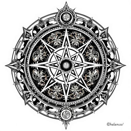 Ink style, intricate occult symbolism, esoteric, golden dawn, thelema, chaos magick