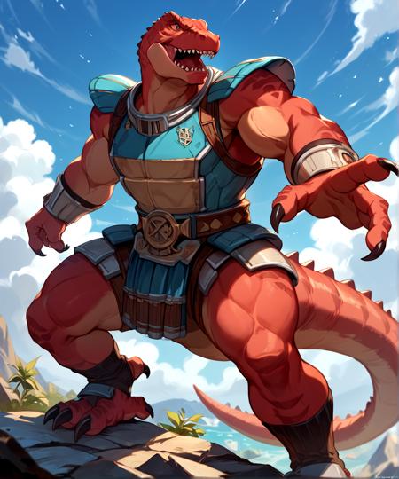 Genghis Rex Dinosaucers red skin brown eyes muscular tyrannosaurus rex trex dinosaur